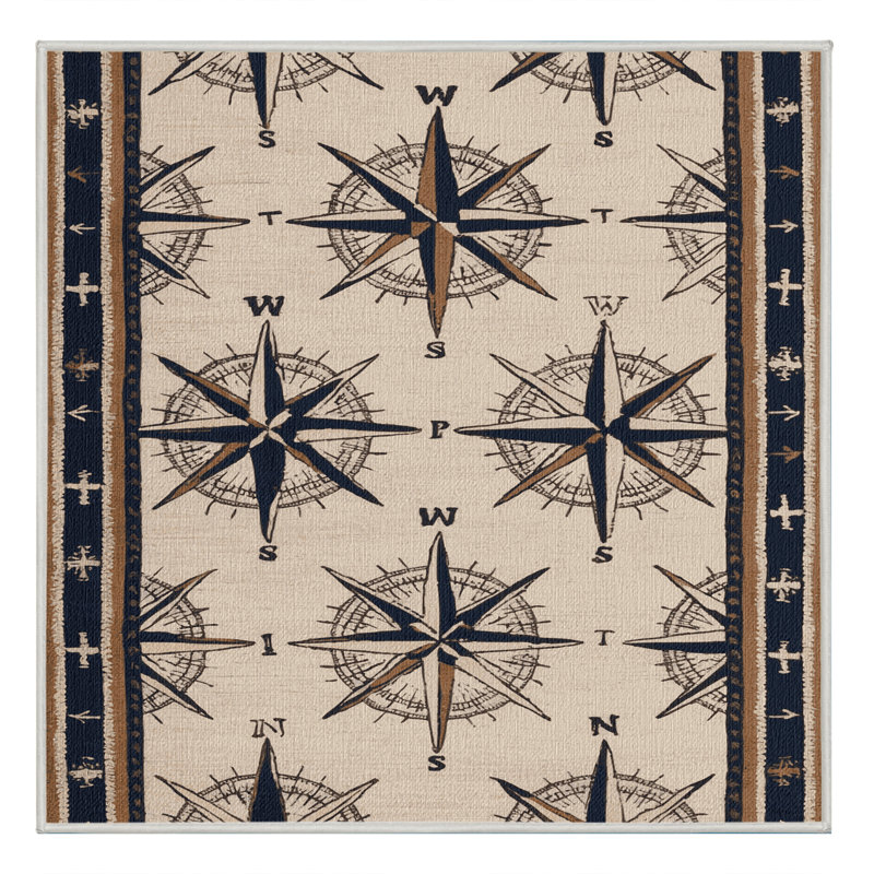 Washable Compass Designs Nautical Area Rug, Square 7'