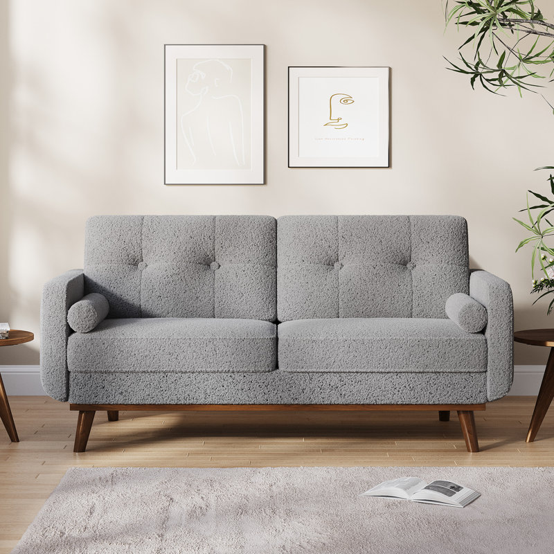 65" Boucle Loveseat Sofa, Comfy Teddy Fleece 2-Seater Deep Seat Couch for Bedroom or Office, Grey, Gray