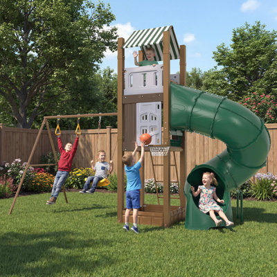 Balançoires d'extérieur pour la cour arrière, balançoire en métal pour enfants avec balançoire à ceinture, balançoire à soucoupe, barre de trapèze à anneau, balançoire à bascule, échelle d'escalade, panier de basketball