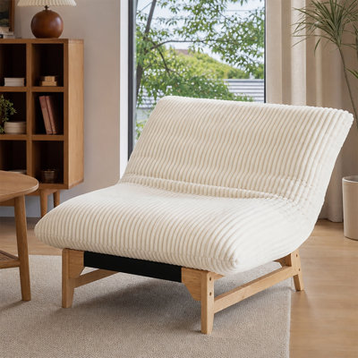 Canapé paresseux beige rayé en velours côtelé, fauteuil inclinable de loisirs à cadre en bois pour le salon