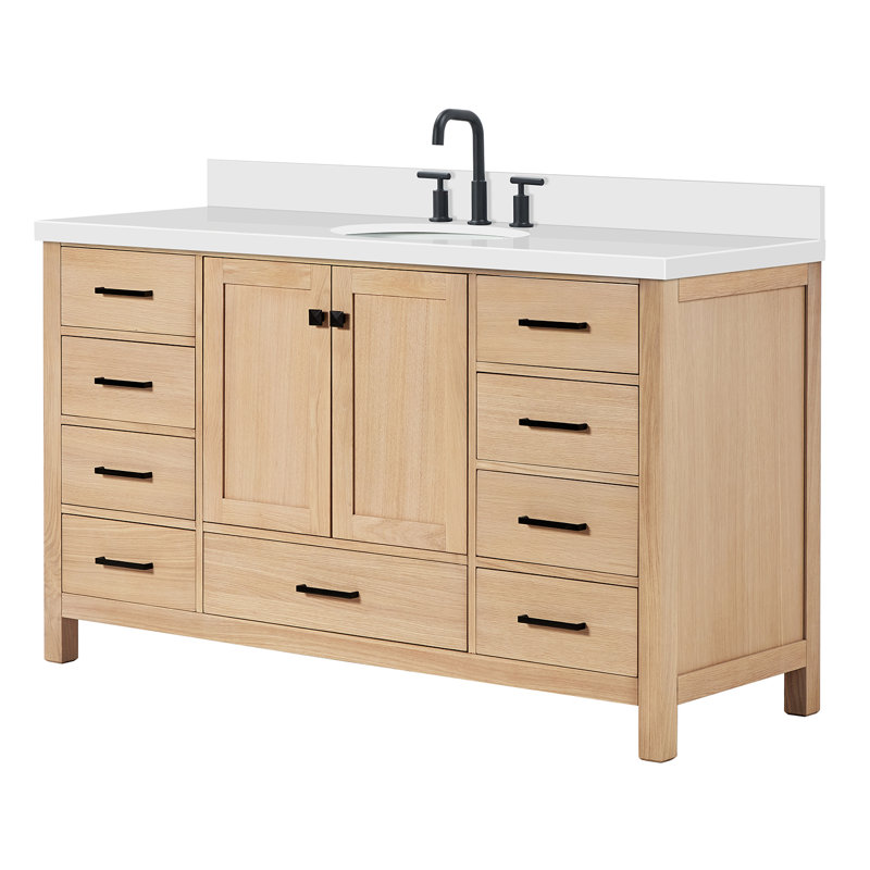 Cambridge 61 in. W X 22 in. D X 35.25 in. H Vanity With Quartz Vanity Top With Basin, Oak