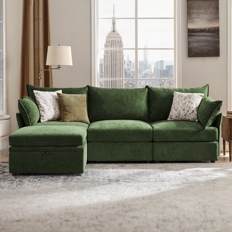 Merchelle 103' Wide Reversible Modern Modular Sectional Sofa With Storage Ottoman -Premium Chenille Fabric, Green Chenille