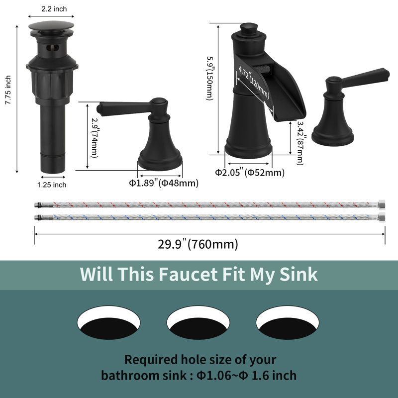 Waterfall 8 In. Widespread Double-Handle Bathroom Faucet Set 3-Holes Vanity Sink With Metal Drain, Matte Black