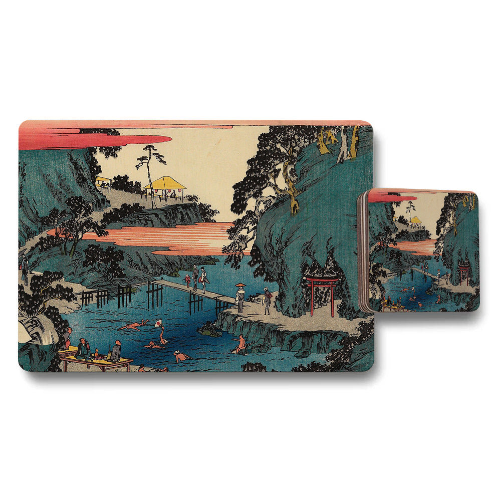 Japanese Ukiyoe Style Placemats And Coasters Set Scenic River View