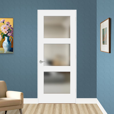Porte pré-percée en verre trempé givré et en bois manufacturé blanc apprêté à 3 lumières d'une hauteur de 80 po