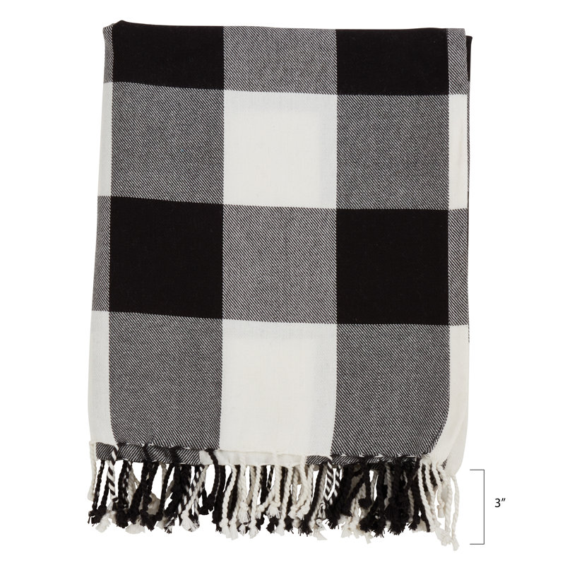 Buffalo Plaid Tassel-Trimmed Cotton Throw Blanket - Black and White