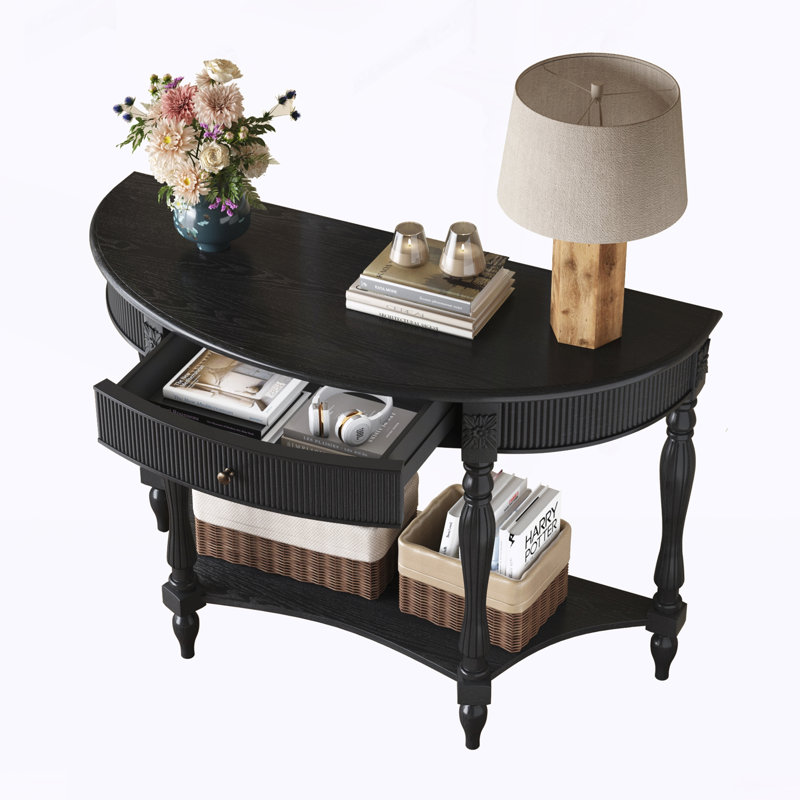 Console demi-lune avec tiroir et tablette, Black, Black, Black