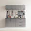 Armoire de garage Series 5 X P 79 x P 20 avec une finition gris métallique unique, une caractéristique pour les tiroirs et les portes, une résistance à la chaleur de l'eau, une bande 2X plus épaisse, un tableau de classe E0, l'appareil est allumé