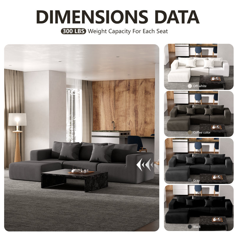 Canapé modulaire en forme de L 108 "sans os 108" pour le salon (gris), Velours côtelé gris