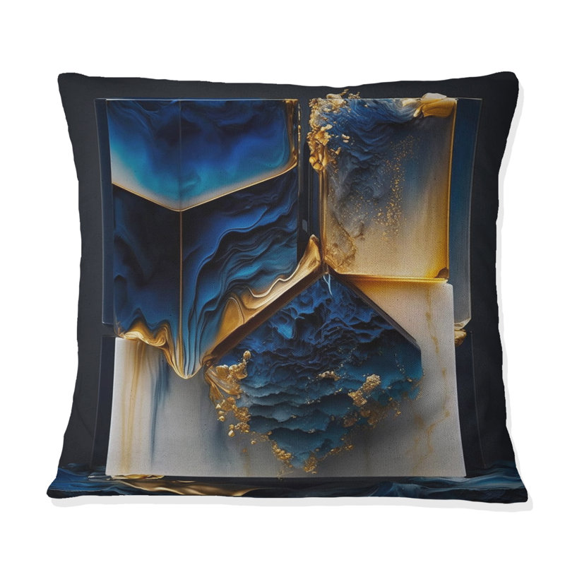 Forme géométrique abstraite en marbre doré et bleu II - Coussin décoratif à imprimé abstrait en marbre