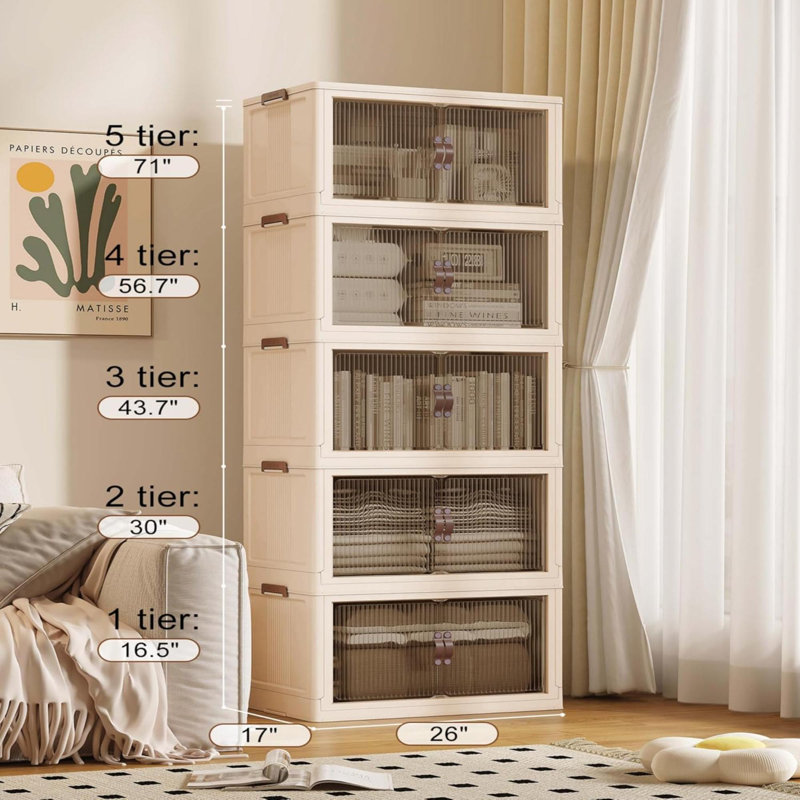 Stackable Storage Bins Folding Collapsible Storage Bins With Lid, Closet Organizers And Storage, Storage Box With Door, Beige