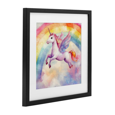 Flying Unicorn In Rainbow Sky Framed Print Under Glass, design by Creative Studio