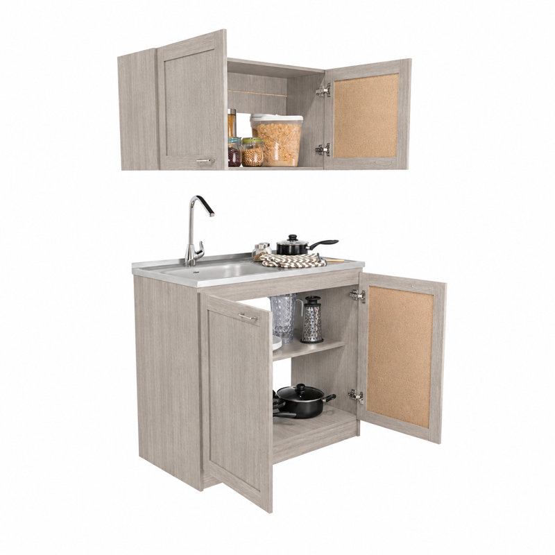 Ensemble de meubles de cuisine Ashura 2 pièces en bois manufacturé, 100 cm de largeur, avec meuble sous-évier et meuble haut – Gris pâle
