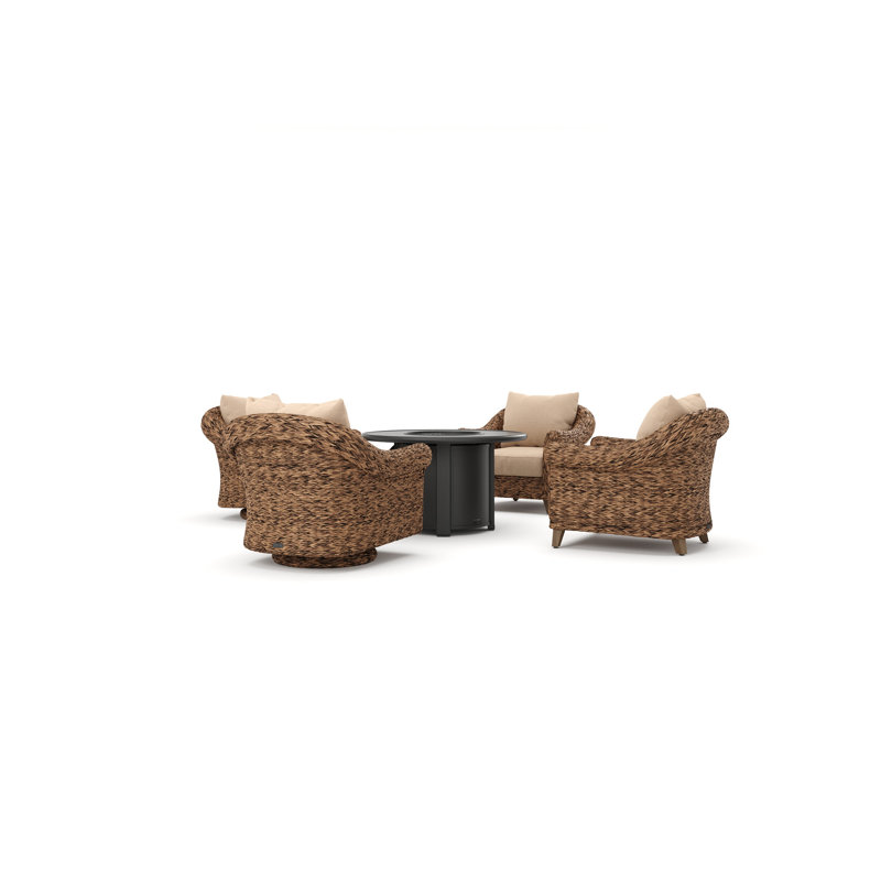 Heritage Brown Wicker 5 Piece Outdoor Seating Group with Fire Pit