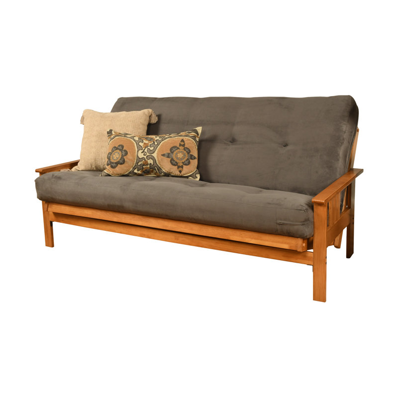 Johnte Queen 86" Futon Frame and Mattress, Gray Microsuede, Butternut, Innerspring