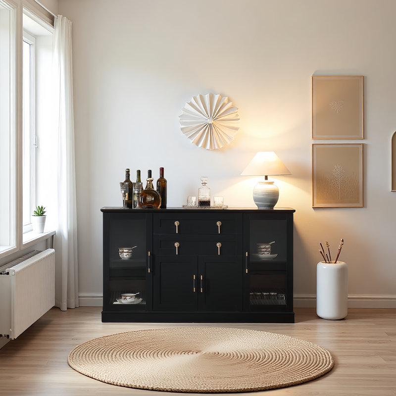 58.27‘’Sideboard Cabinet With Glass Doors and Drawers,Large Buffet Cabinet with adjustable shelves,for kitchen and dining room（Black）