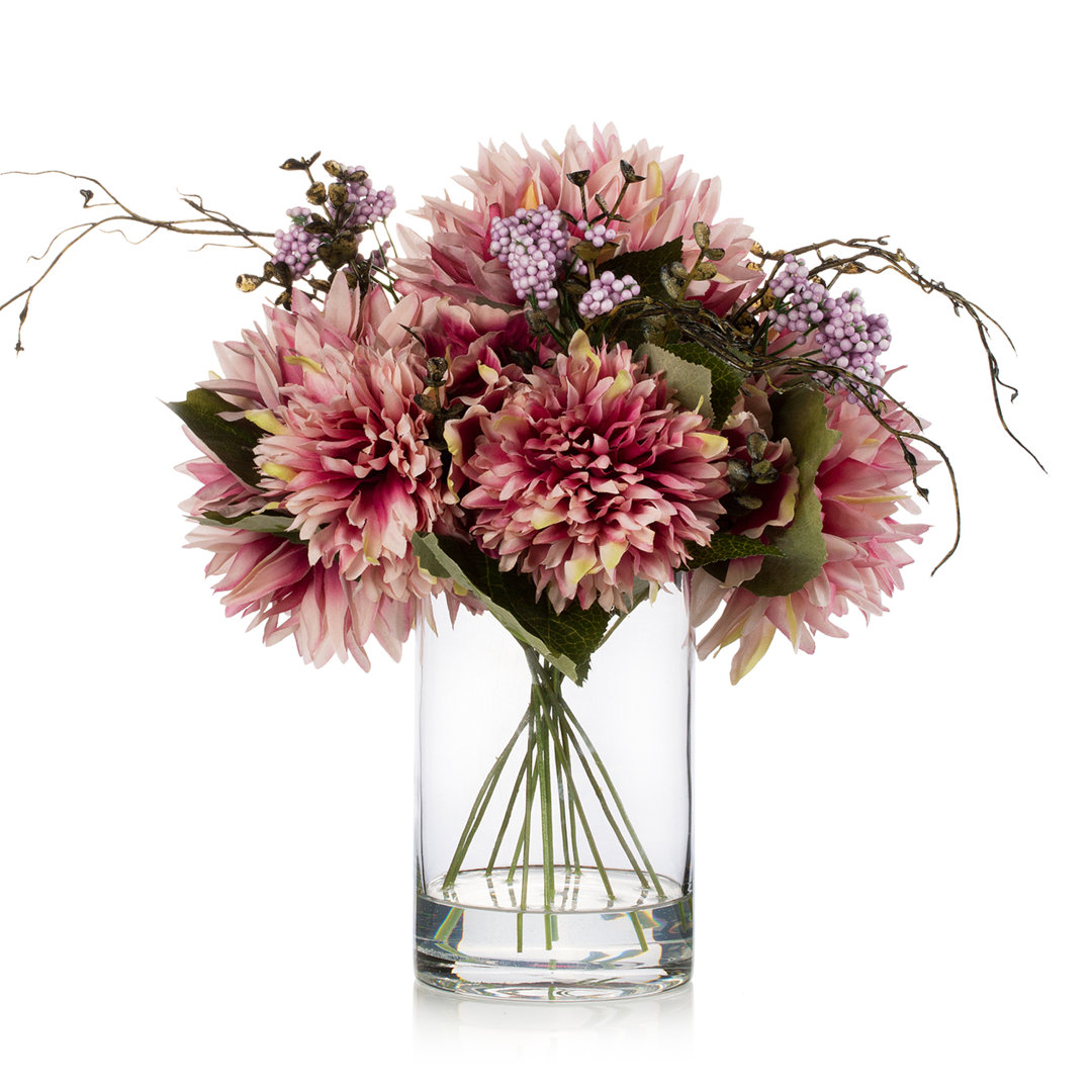 Silk Dahlia Arrangement in Vase Primrue Flowers/Leaves 