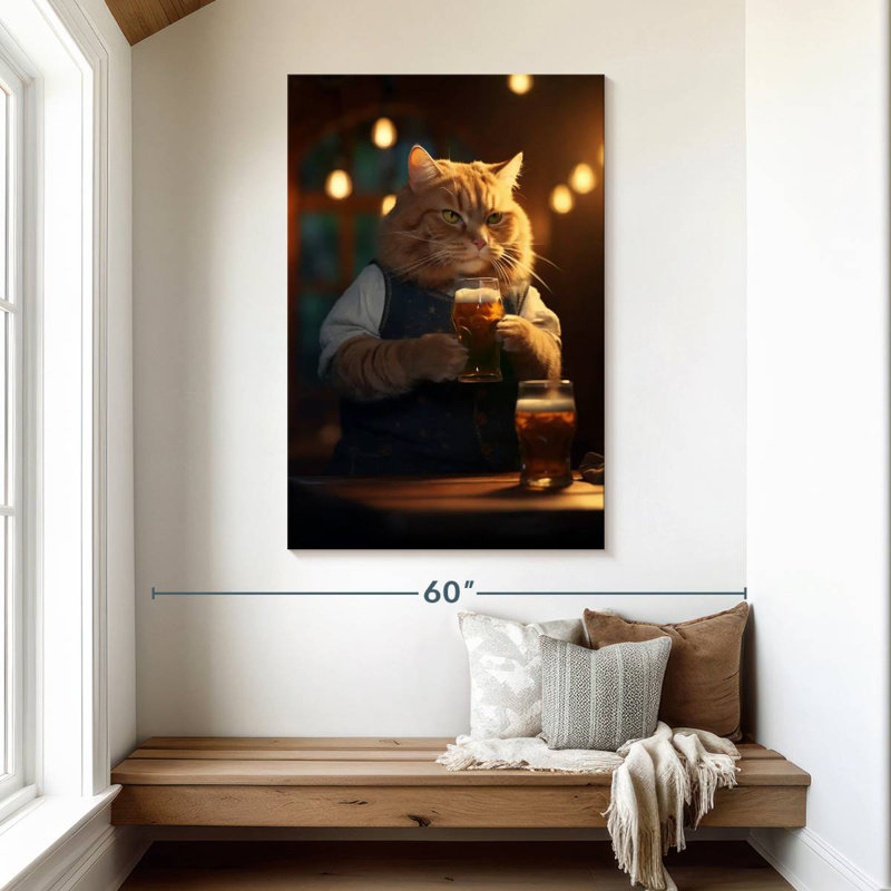 Brampt Orange Tabby Cat Drinking Beer, 48" H x 32" W