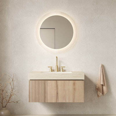 MURI 36" Bathroom Vanity&Sink, Floating Plywood Storage Cabinet With Drawer&Door, Roma Travertine Sintered Stone Top&Ceramic Basin With 3 Pre-Drilled Faucet Holes