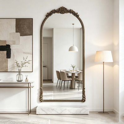 73.3"Arch Oval Vintage Relief Mirror Wall Hanging Elegant Decorative Mirror