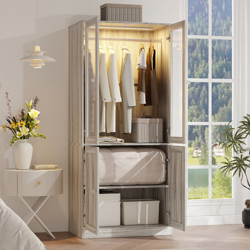 Armoire penderie 74,8 po à 2 portes en verre, garde-robe avec éclairage à DEL intelligent, barre de suspension et 2 tablettes de rangement