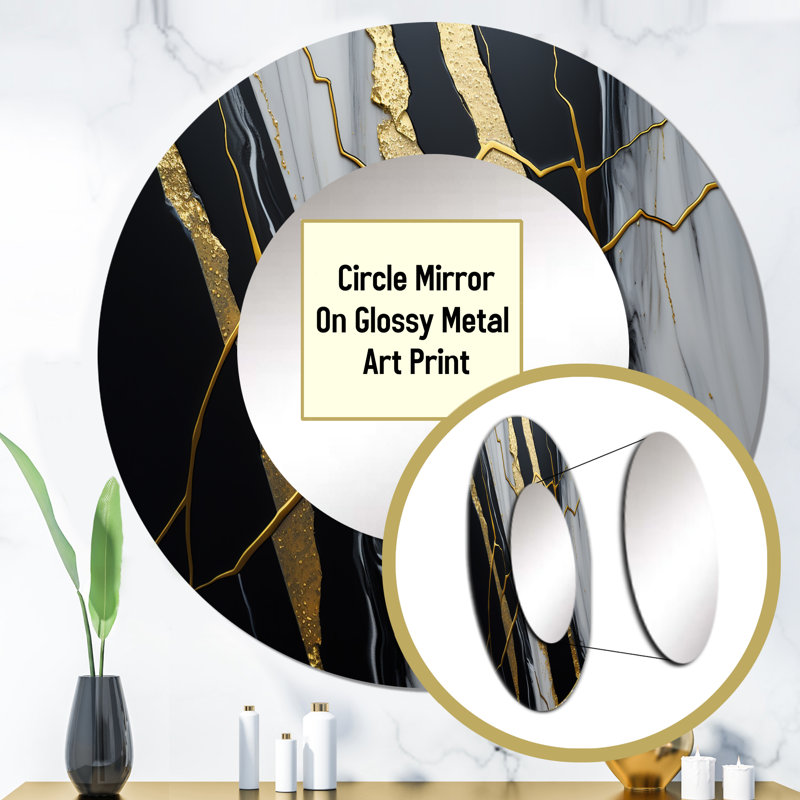 Shrivas Abstract Geode Black II - Marble Decorative Mirror, Modern Large Round Wall Mirror, Printed Metal Art, 36" x 36"