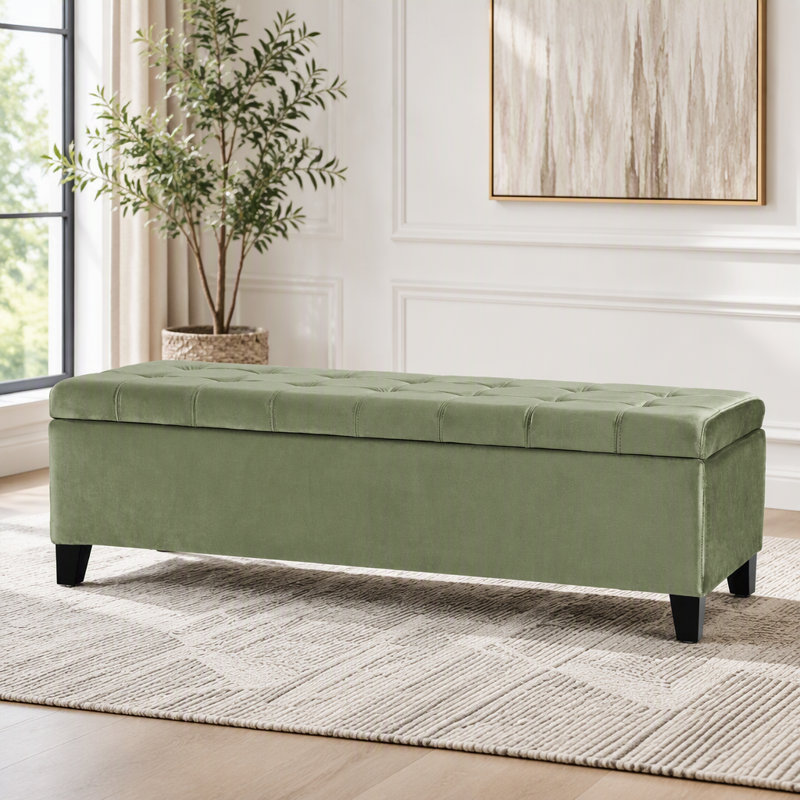 Repose-pieds avec rangement, repose-pieds rectangulaire, banc de rangement rembourré, Vert pâle