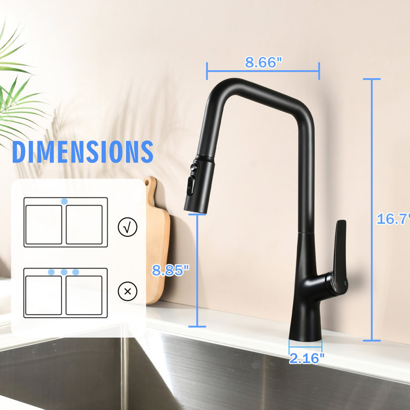 Matte Black, Kitchen Faucet, 3 Function, 360 , One Touch Switching, 23.6 In Pull-Out Hose, Water Flow Modes, Single Hole Installation, , Heavy-Duty Metal Body, Ceramic Cartridge Valve Professional,