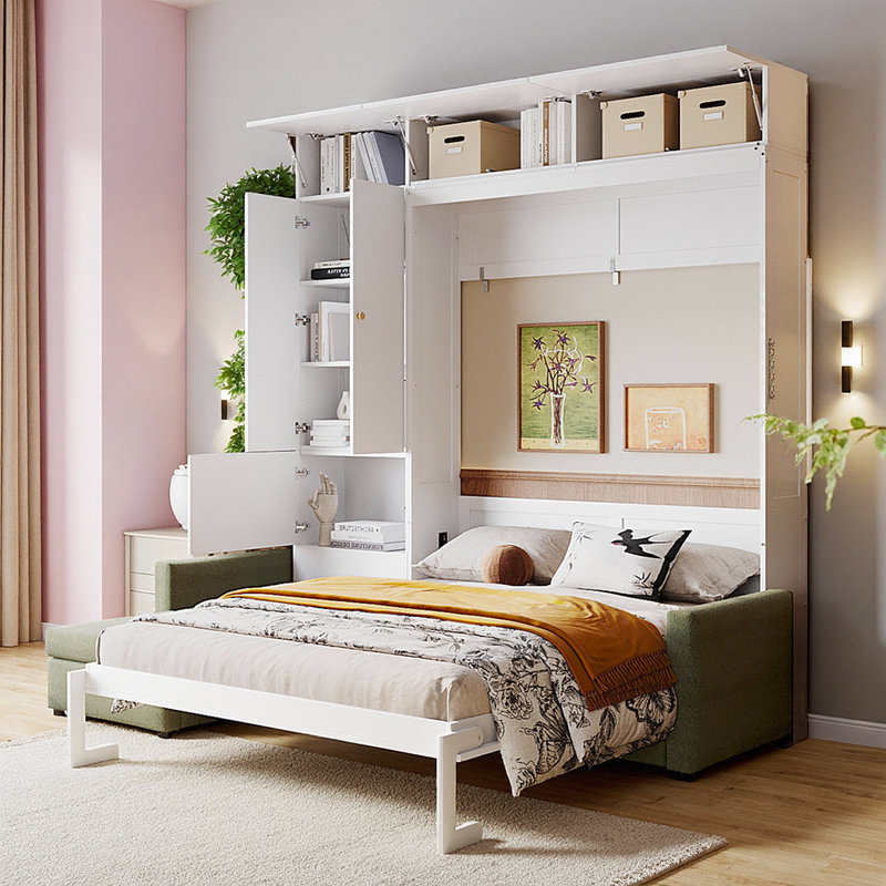 Grand lit escamotable mural avec canapé en forme de L et rangement, Beige