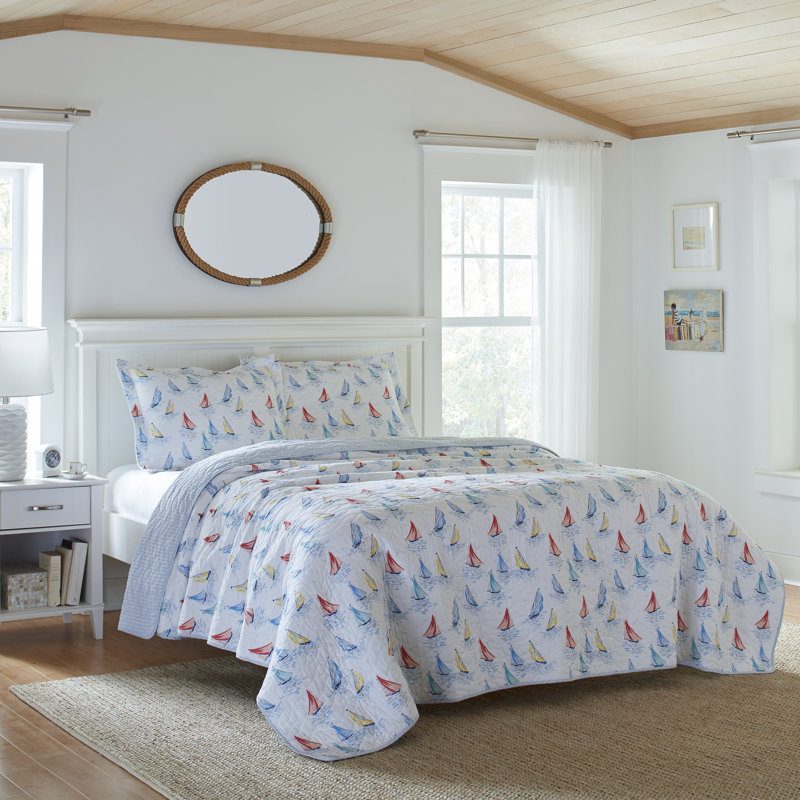 Ahoy Blue Cotton Reversible Twin Quilt Set