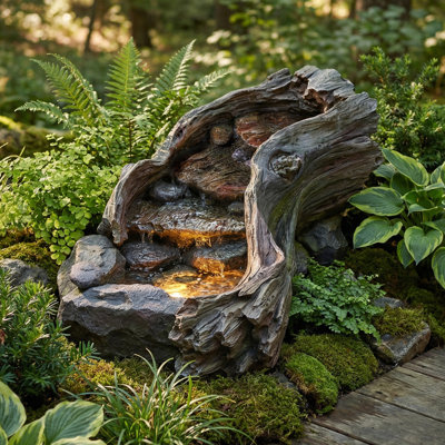 Natural Tree Trunk Outdoor Fountain With LED Lights & 15W ETL Pump