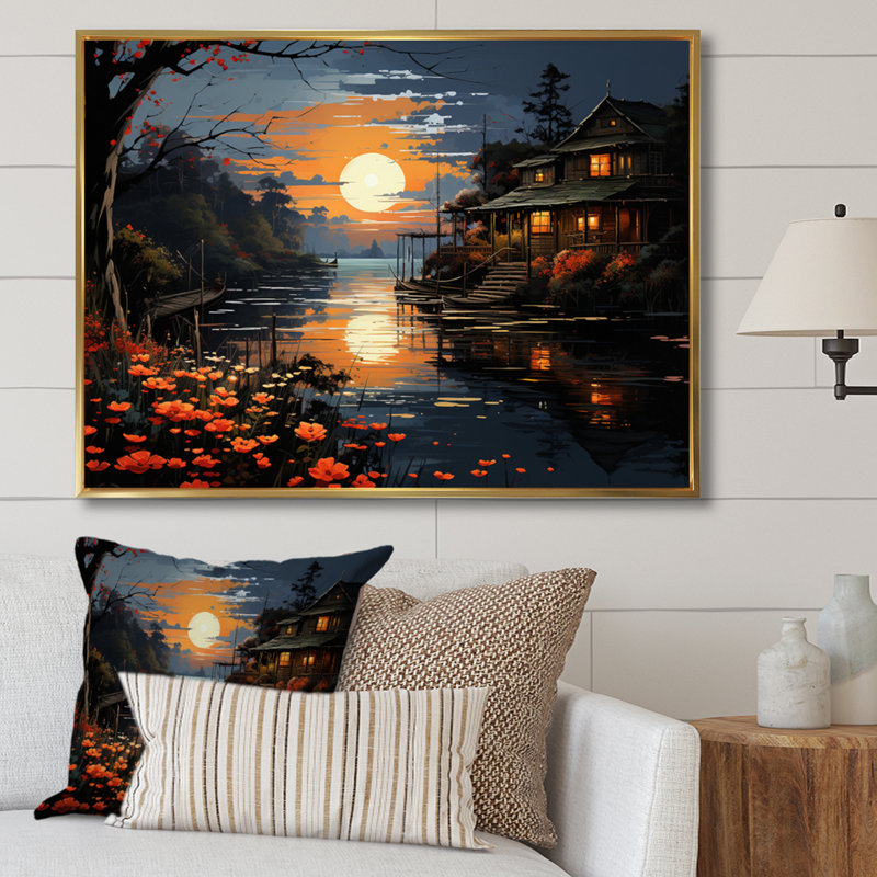 «Lakehouse Dockside Serenade Pointillism II», reproduction sur toile, H 30 po x l 40 po x P 1,5 po, Cadre flottant doré
