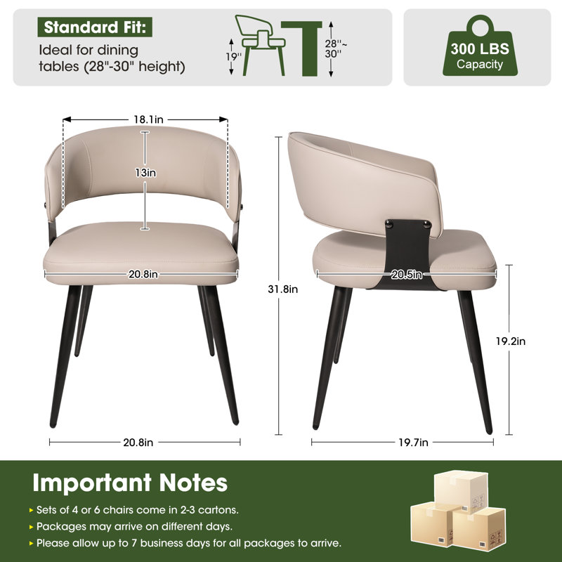 Modern Upholstered Dining Chairs Set of 2, Faux Leather Kitchen Side Chairs with Curved Open Back and Metal Legs, Easy Assembly