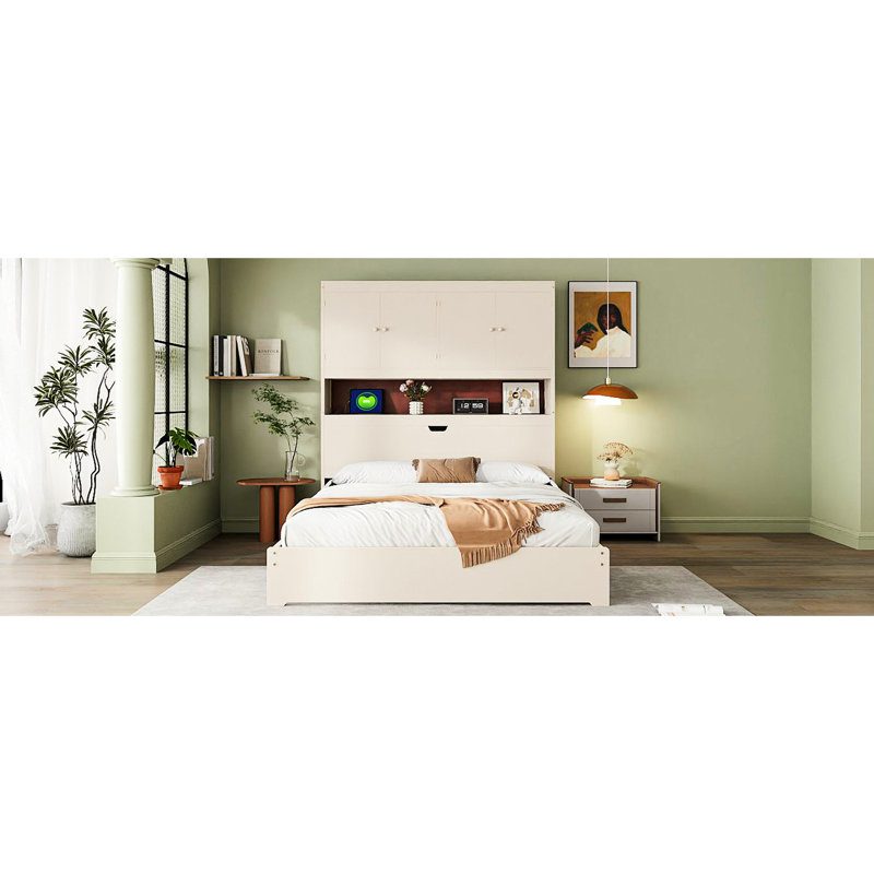 Lit double crème avec espace sous le tiroir et plateforme de raccordement pour tête de lit, options de rangement