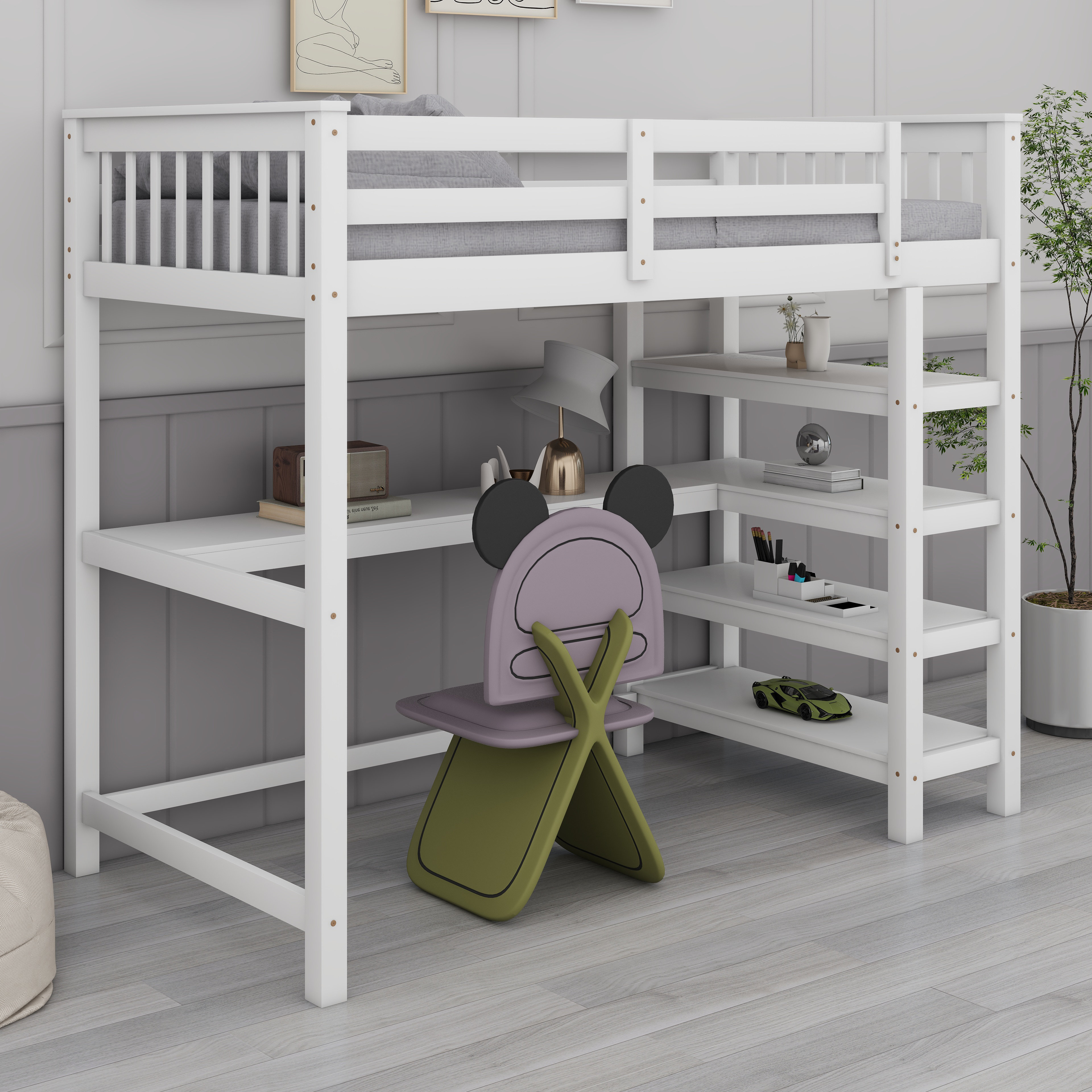 Latitude Run® Wood Loft Bed With Desk : Twin Size Loft Bed With 4 ...