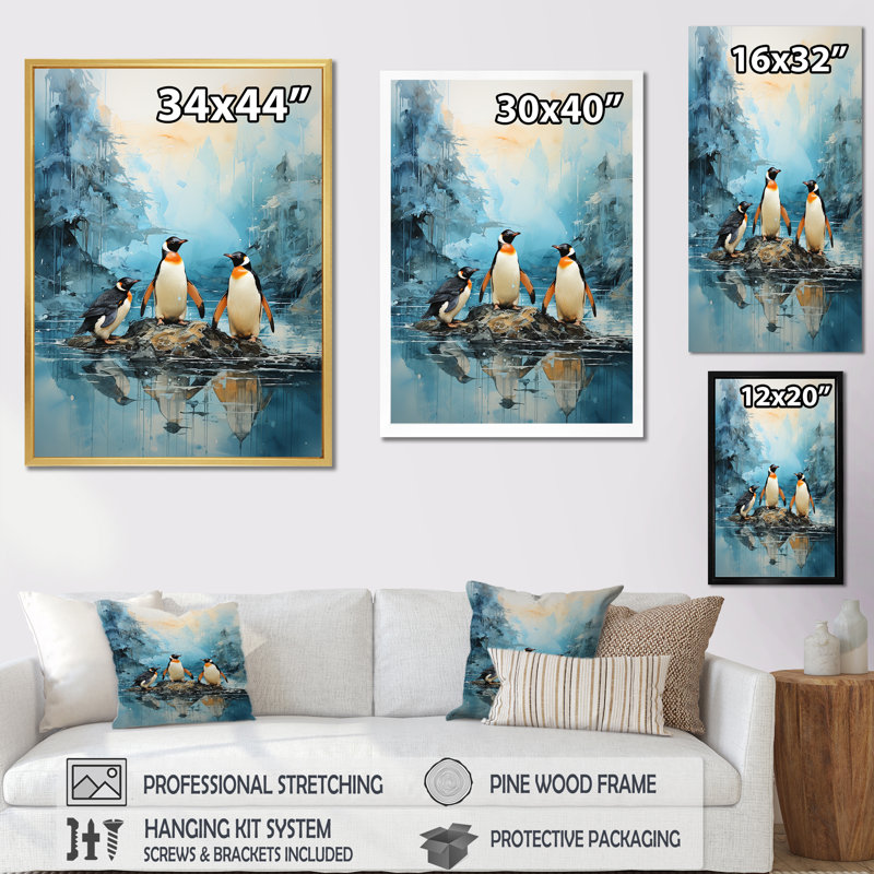 Pingouins antarctiques élégance IV sur toile, Cadre flottant noir, H 32 po x l 16 po x P 1 po