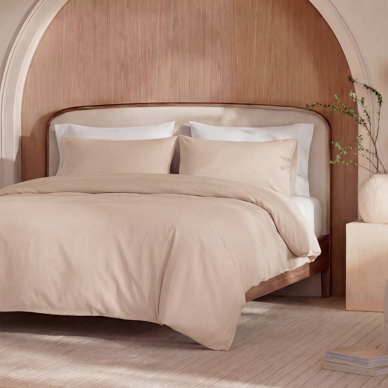 100% Washed Cotton Comforter Set Twin Size – Sandy Beige, Linen-Like Texture, Soft & Breathable Bedding Set, 3-Piece Durable Percale Comforter