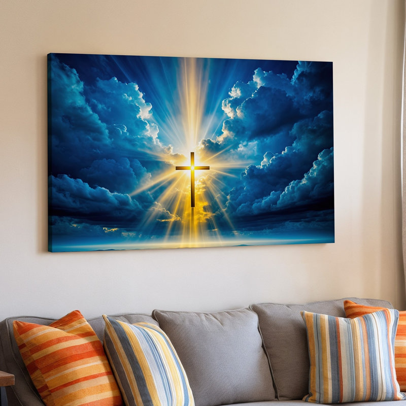 Toile, art dramatique céleste avec une croix radieuse au centre d'art mural illuminé par des rayons de lumière éclatants, art mural sur toile