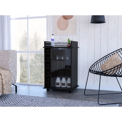 Chariot-bar, porte en verre, quatre roulettes, deux tablettes, noir