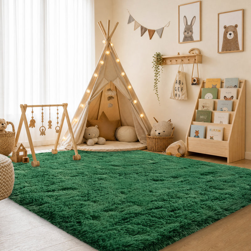 Solid Rug Soft Fluffy Green Indoor Area Rug for Living Room Bedroom Nursery Kids Room, Rectangle 5' x 7', Green