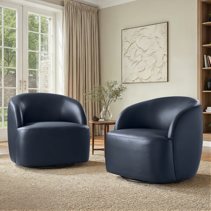 Croix 30.75"W Modern Leather Swivel Barrel Chair with Fully Assembled, Navy
