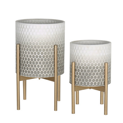 Mid Century Modern Metal Planters with Stand, Set of 2 Gray & White Gradient Plant Pots, 8" & 10" Decorative Planters for Living Room, Office, Garden & Balcony