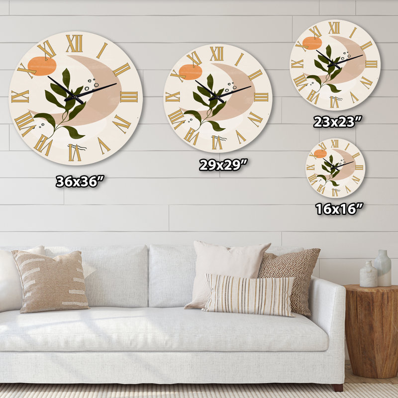 Lune géométrique abstraite avec feuille I - horloge murale moderne, Très petit