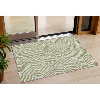 3' X 5' Artichoke Green And Ivory Abstract Washable Indoor Outdoor Area Rug