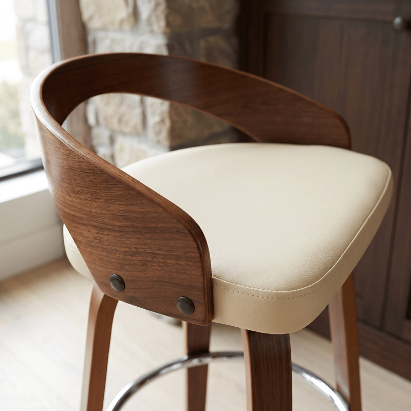 Tabouret de bar pivotant à hauteur de comptoir ou de bar avec dossier bas ouvert en similicuir et bois, Crème, Noyer