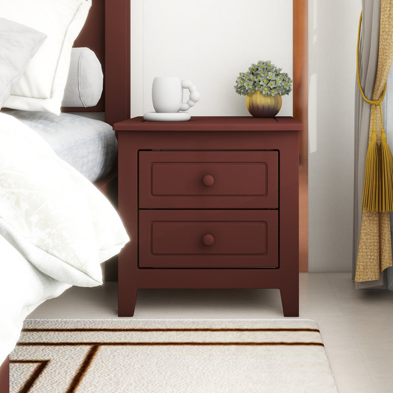 2-Drawer Nightstand for Bedroom, Mid Century Retro Bedside Table with Classic Design, Walnut