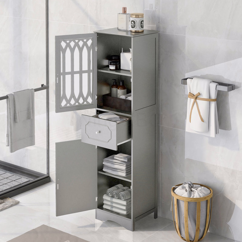 Tall Bathroom Cabinet, Freestanding Storage Cabinet With Drawer And Doors, MDF Board, Acrylic Door, Adjustable Shelves, Gray