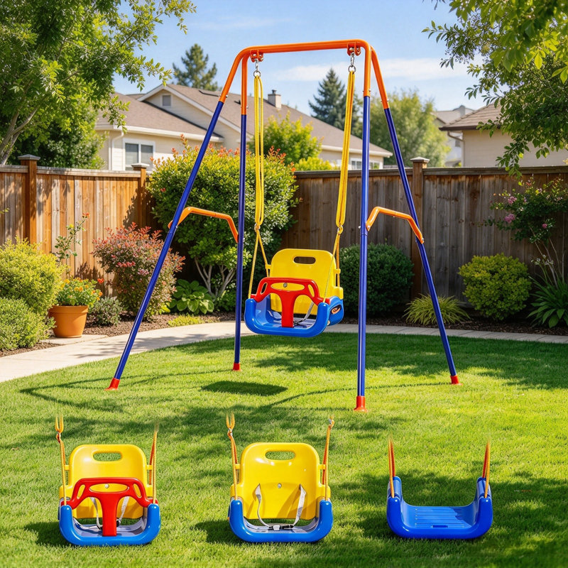 3 in 1 Convertible Toddler Swing Set, Foldable A-Frame Metal Stand with 4 Sandbags, Adjustable Rope Plastic Swing Seat, Indoor Outdoor Baby Swing & Jumper Playset