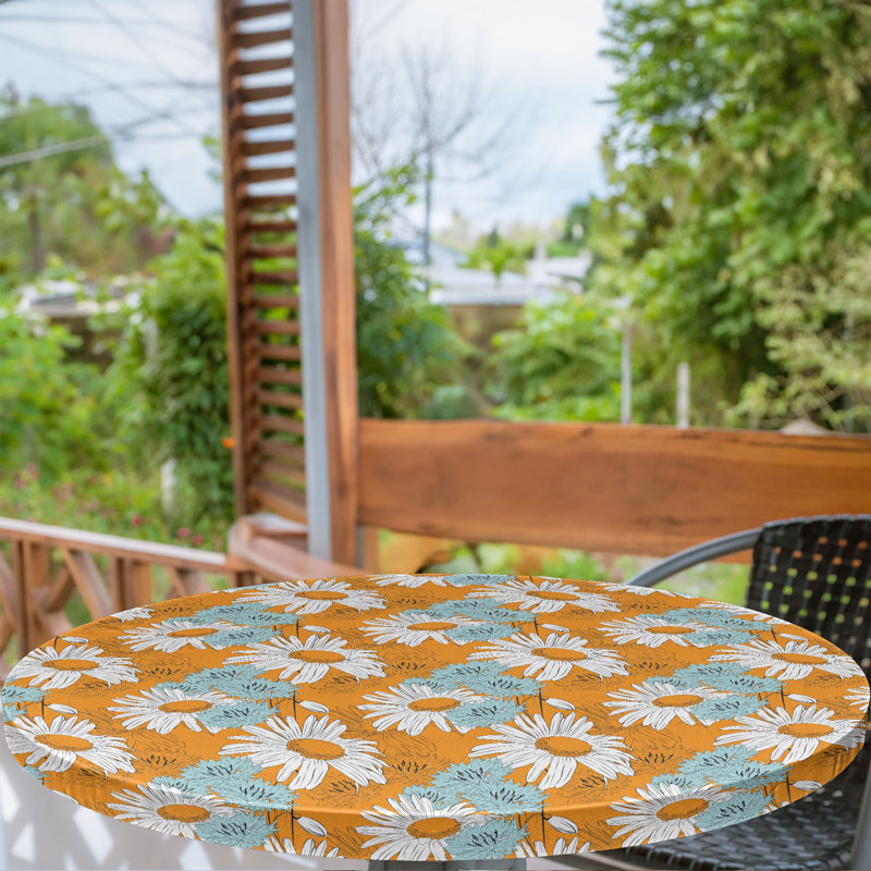 Winston Porter Orange Fitted Round Tablecloth Diameter Pale Blue Orange, 47.24" Round