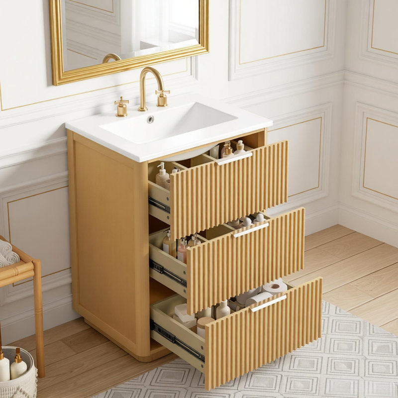 Meuble-lavabo de luxe moderne 24 po avec lavabo en céramique, armoire de salle de bain avec tablette ouverte et rangement fermé